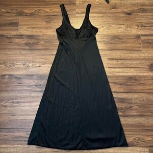 Vintage Black Nylon Slip Midi Dress Minimal 90s Lingerie Style Small Coquette